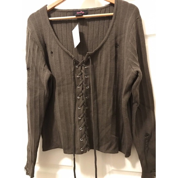 Sexy Distressed Sweater 2X, Olive Green Low Cut, Lace Up, Thrashed - Picture 1 of 15